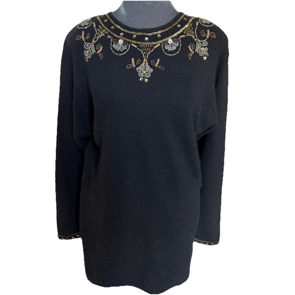 Vtg 80s Beaded Sweater M Angora Wool Black Whimsigoth Witchy Maximalist‎ Luxury